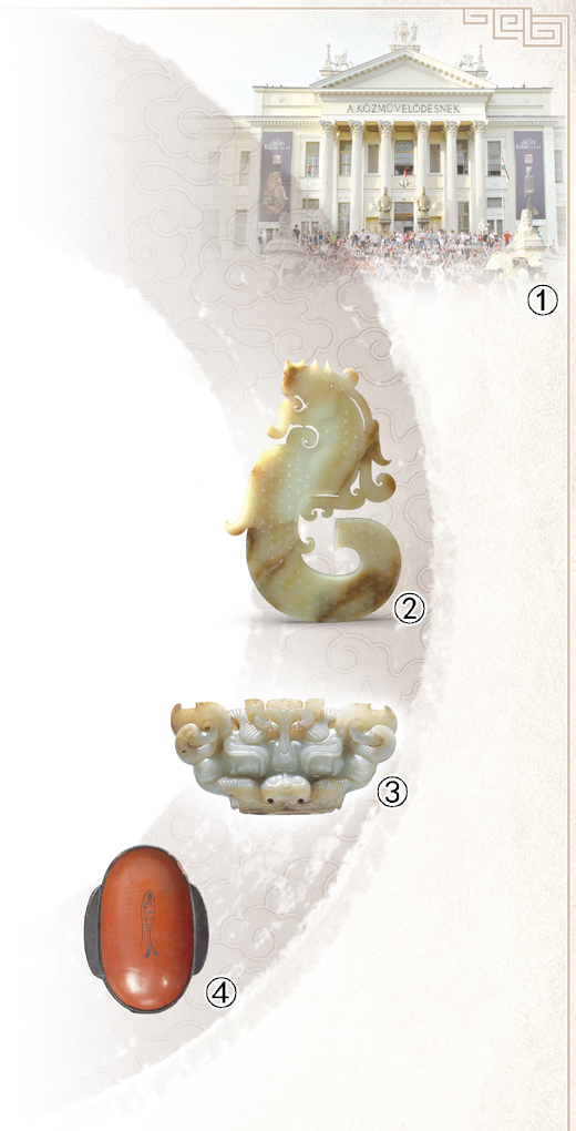 　圖①：展覽開幕日的莫拉·弗朗茨博物館。 　　圖②：西漢龍形玉佩，徐州博物館藏。 　　圖③：西漢虎頭形玉枕飾，徐州博物館藏。 　　圖④：西漢彩繪魚紋漆耳杯，上海博物館藏。 　　以上圖片均由上海博物館提供