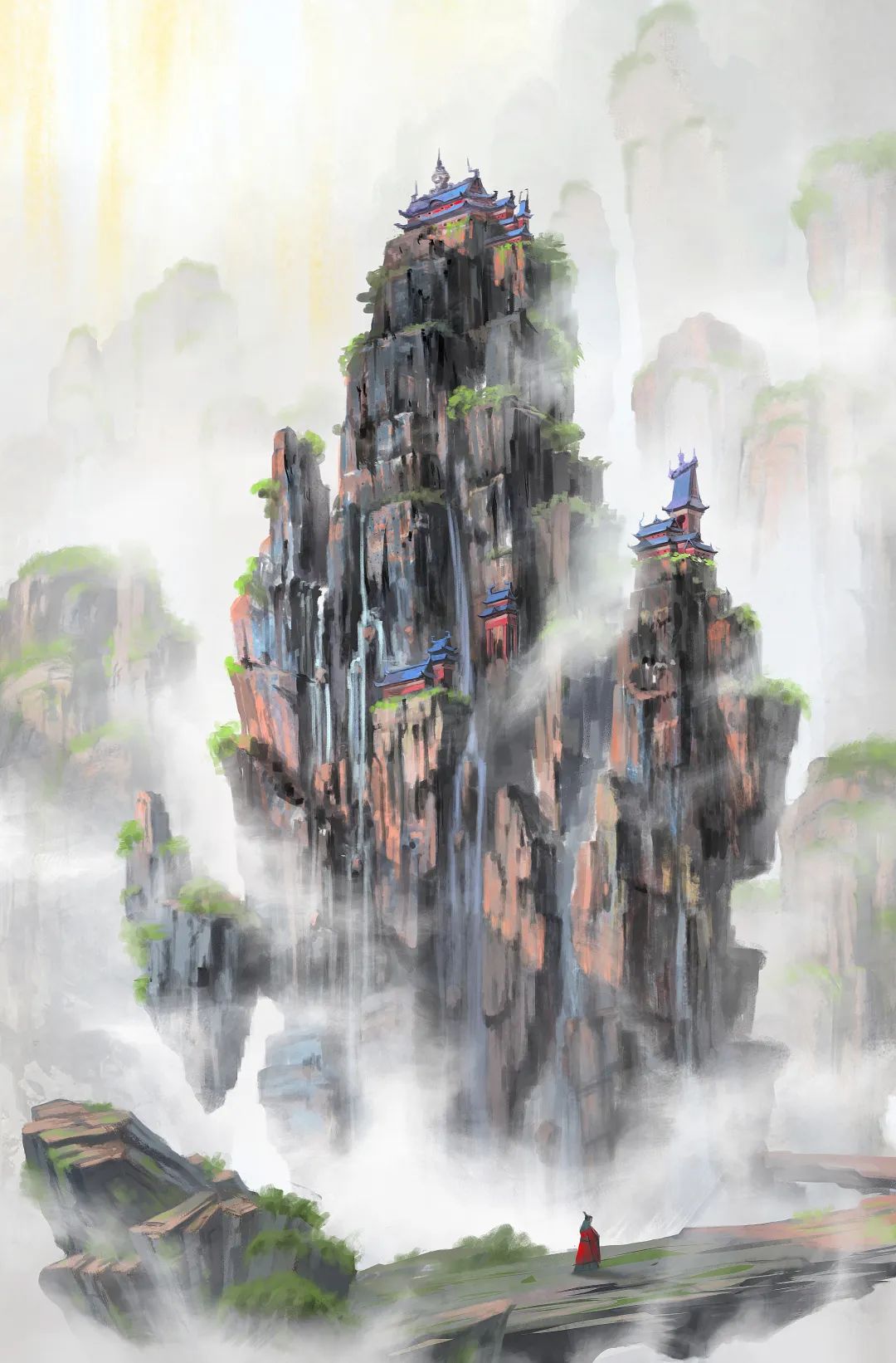 圖為具有中國審美意蘊(yùn)的科幻插圖，①③為著名科幻插畫師趙恩哲所繪制的《紅岸基地日落》《云嵐山》；②為青年科幻插畫師繪制的《三日凌空》