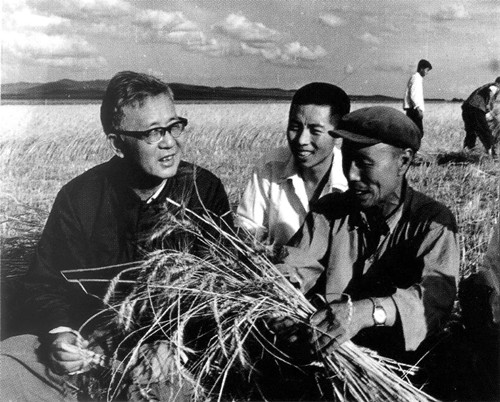 多年來(lái)華羅庚為推廣“優(yōu)選法”和“統(tǒng)籌法”，經(jīng)常深入廣大工廠、農(nóng)村，圖為華羅庚與農(nóng)民在一起（右下）