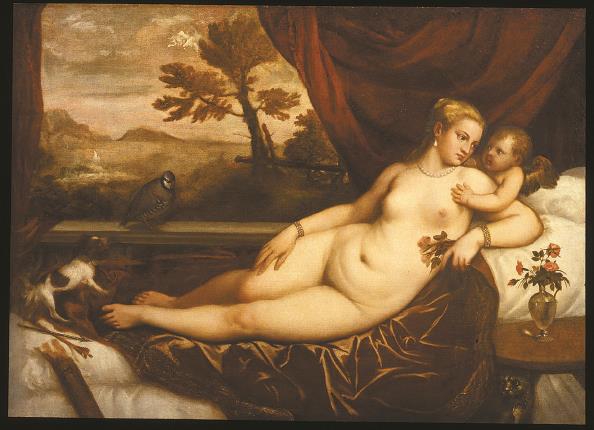 《維納斯、丘比特、狗與山鶉》提香與工作室