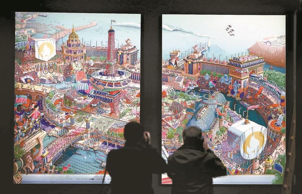 巴黎奧運(yùn)會(huì)主視覺海報(bào)由藝術(shù)家烏戈·加托尼耗時(shí)2000小時(shí)手繪完成，繪有巴黎地標(biāo)、47個(gè)運(yùn)動(dòng)項(xiàng)目和數(shù)以萬計(jì)的人物，被譽(yù)為法國的“塞納上河圖”（本版圖片均由作者提供）