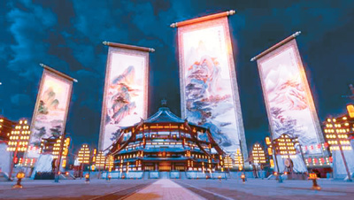 《唐宮夜宴》展覽中，含元殿外景。 　　出品方供圖